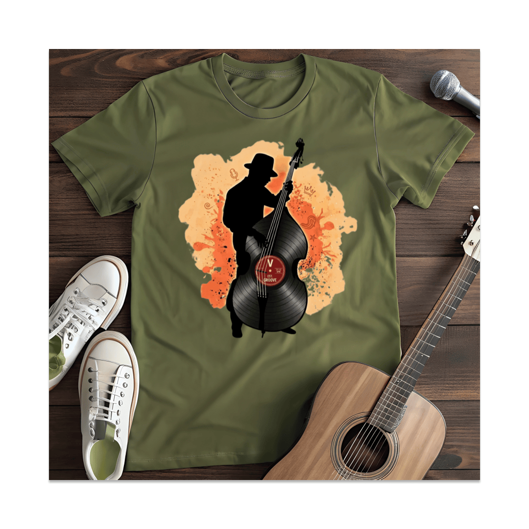 Printify T-Shirt Military Green / S Upright Bass Player Vinyl Silhouette T-Shirt