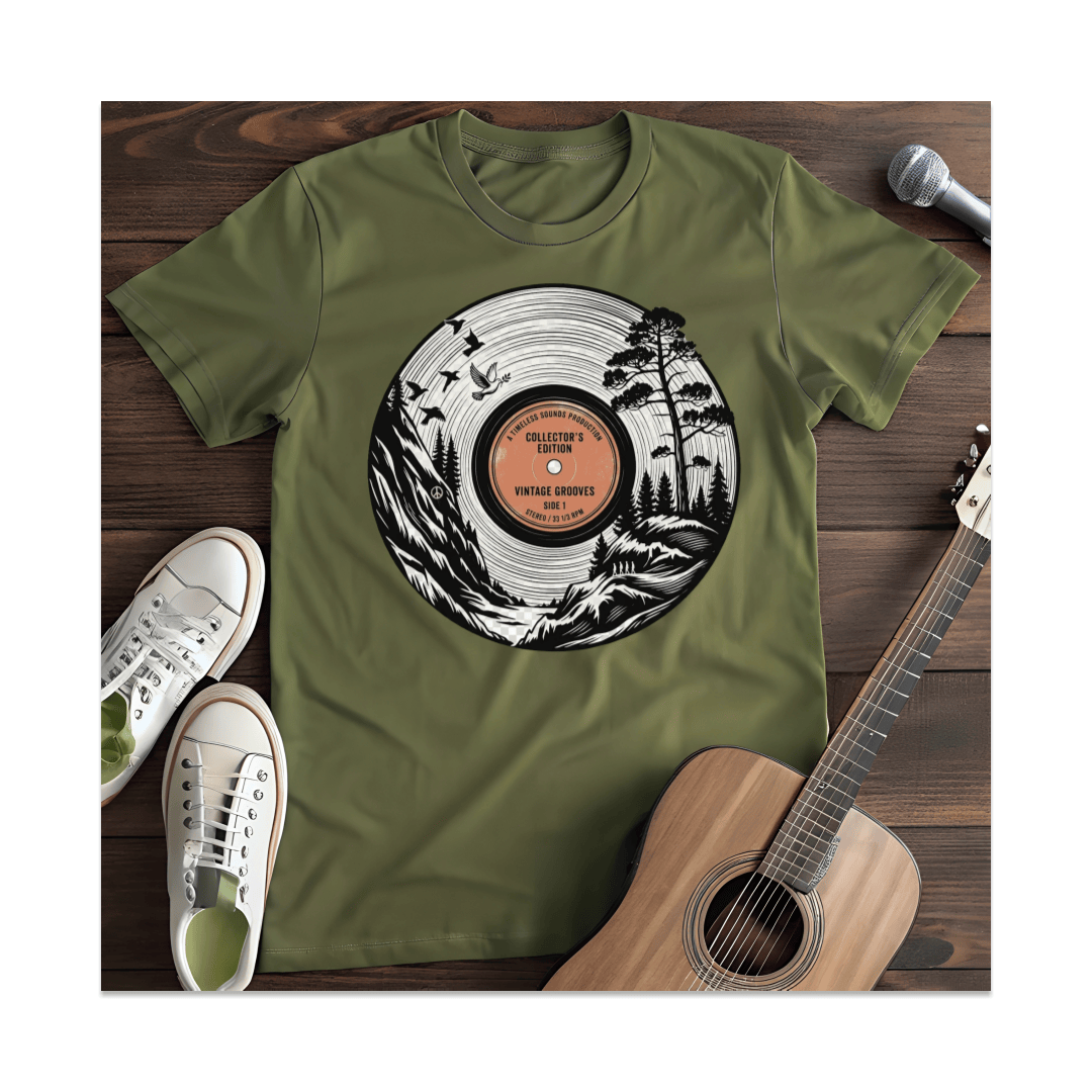 Printify T-Shirt Military Green / S Vintage Grooves Nature Vinyl T-Shirt