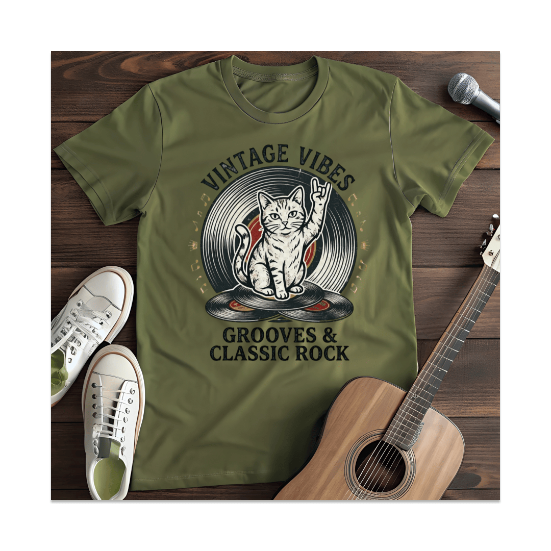 Printify T-Shirt Military Green / S Vintage Vibes Rock Cat T-Shirt
