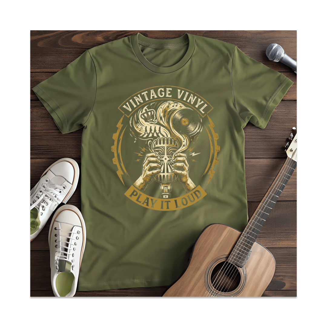 Printify T-Shirt Military Green / S Vintage Vinyl Play It Loud T-Shirt