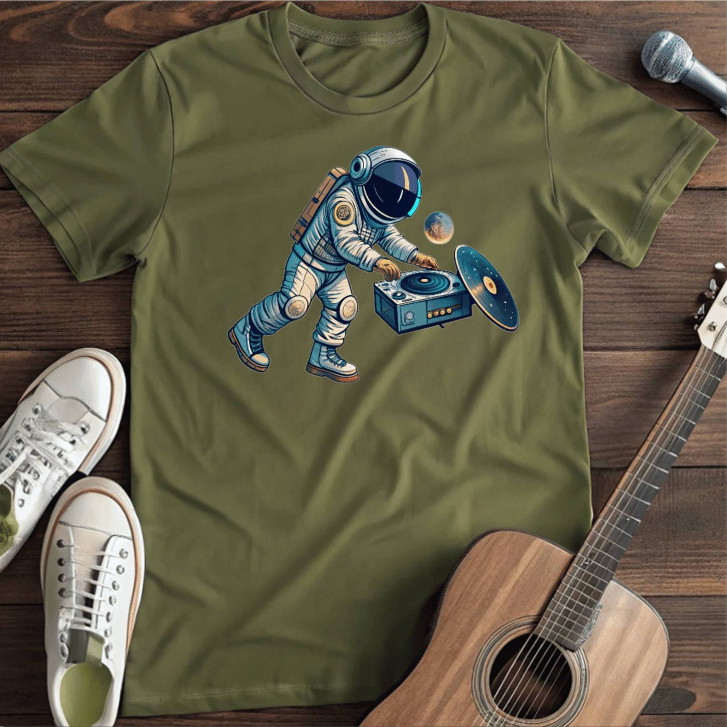 Printify T-Shirt Military Green / S Vinyl Playing Astronaut Tee