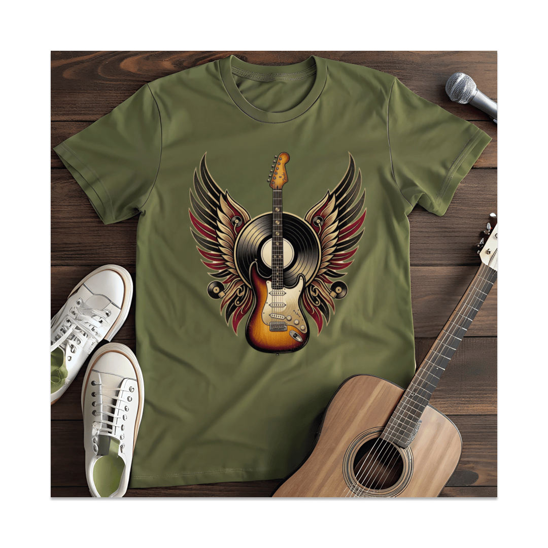 Printify T-Shirt Military Green / S Winged Guitar And Vinyl T-Shirt