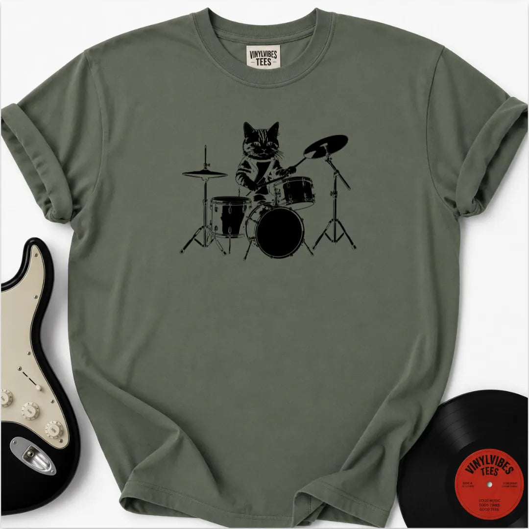 Printify T-Shirt Moss / S The Cool Cat Drummer Premium T-Shirt