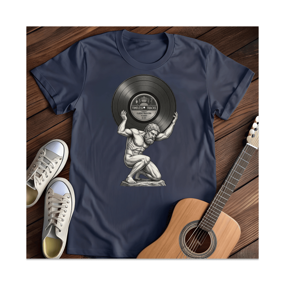Printify T-Shirt Navy / S Atlas Holding Timeless Tracks Vinyl T-Shirt (1)