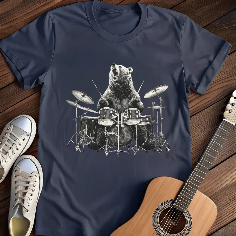 Printify T-Shirt Navy / S Bear Drummer T Shirt
