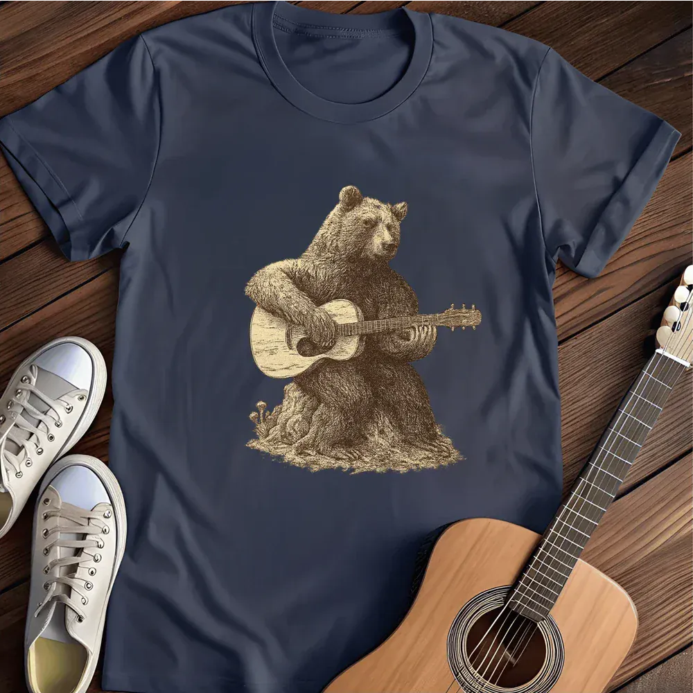 Printify T-Shirt Navy / S Bear Guitar T Shirt