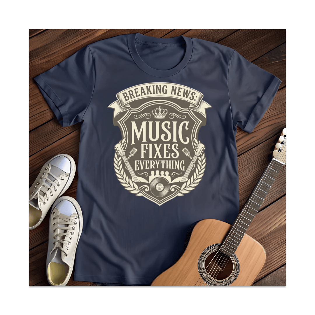 Printify T-Shirt Navy / S Breaking News Music Fixes Everything T-Shirt