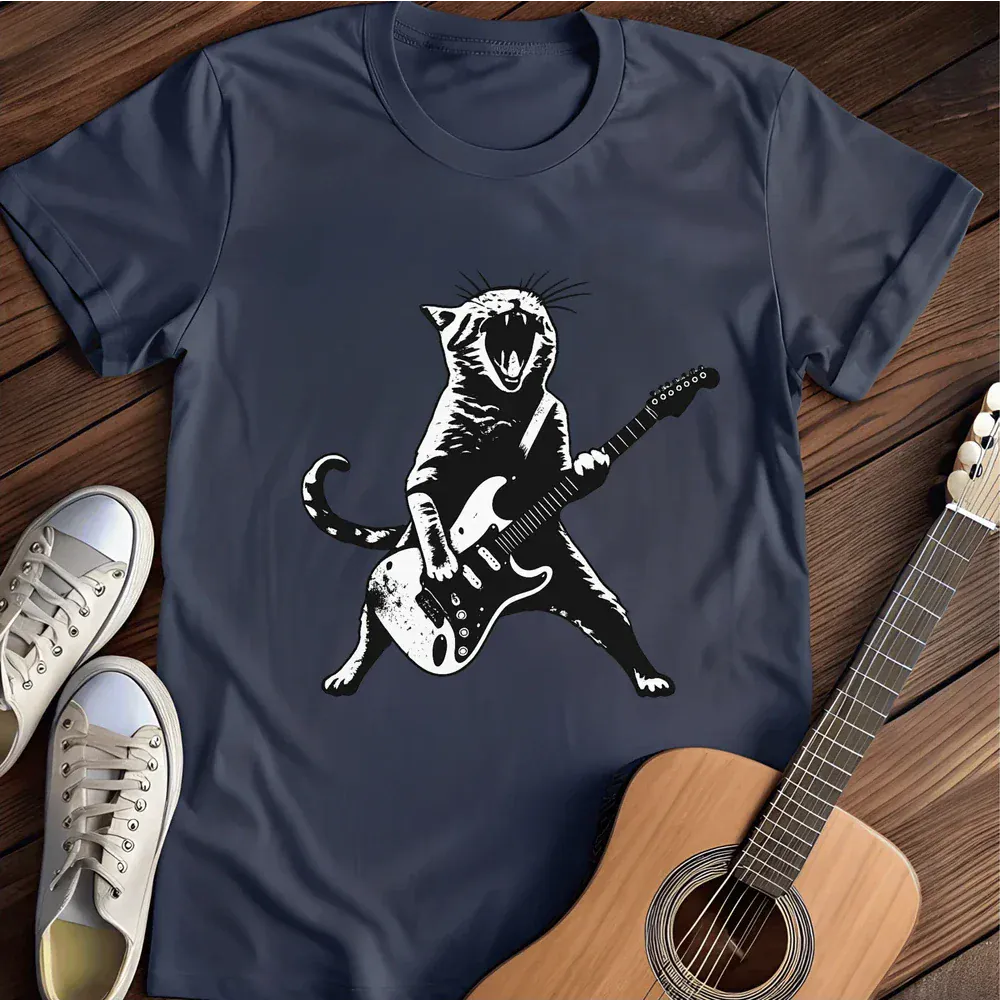 Printify T-Shirt Navy / S Cat Playing Guitar T Shirt