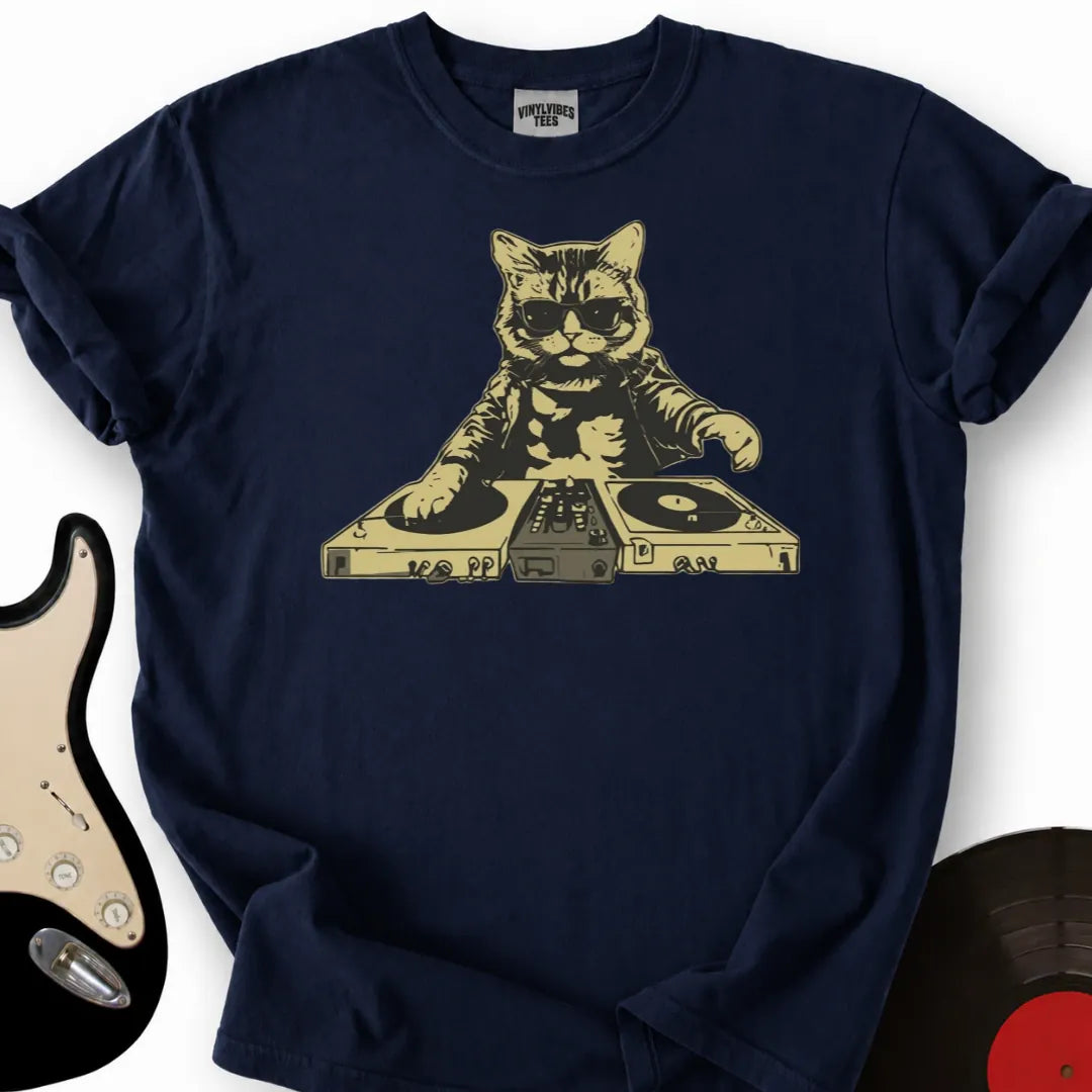 Printify T-Shirt Navy / S DJ Cat T-Shirt