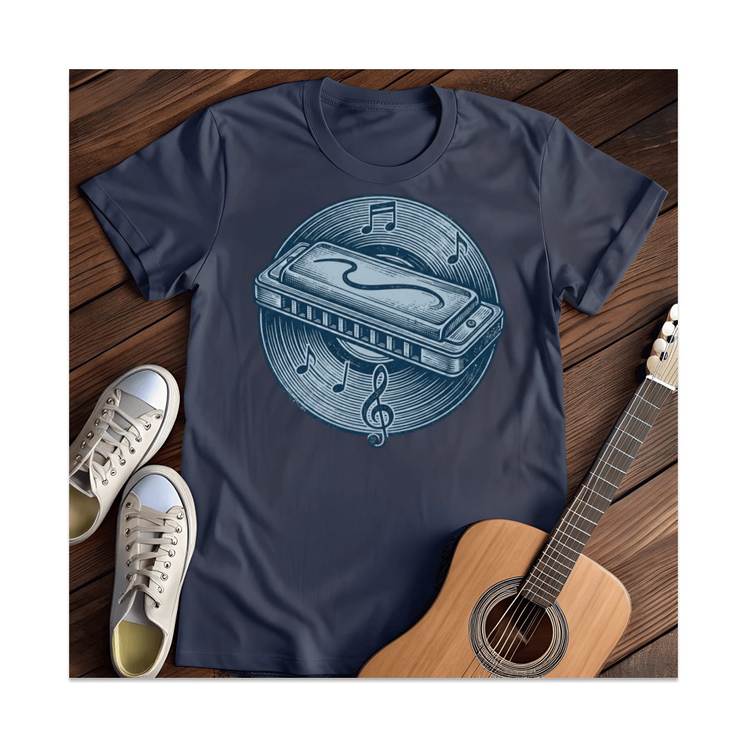 Printify T-Shirt Navy / S Harmonica Vinyl Record T-Shirt