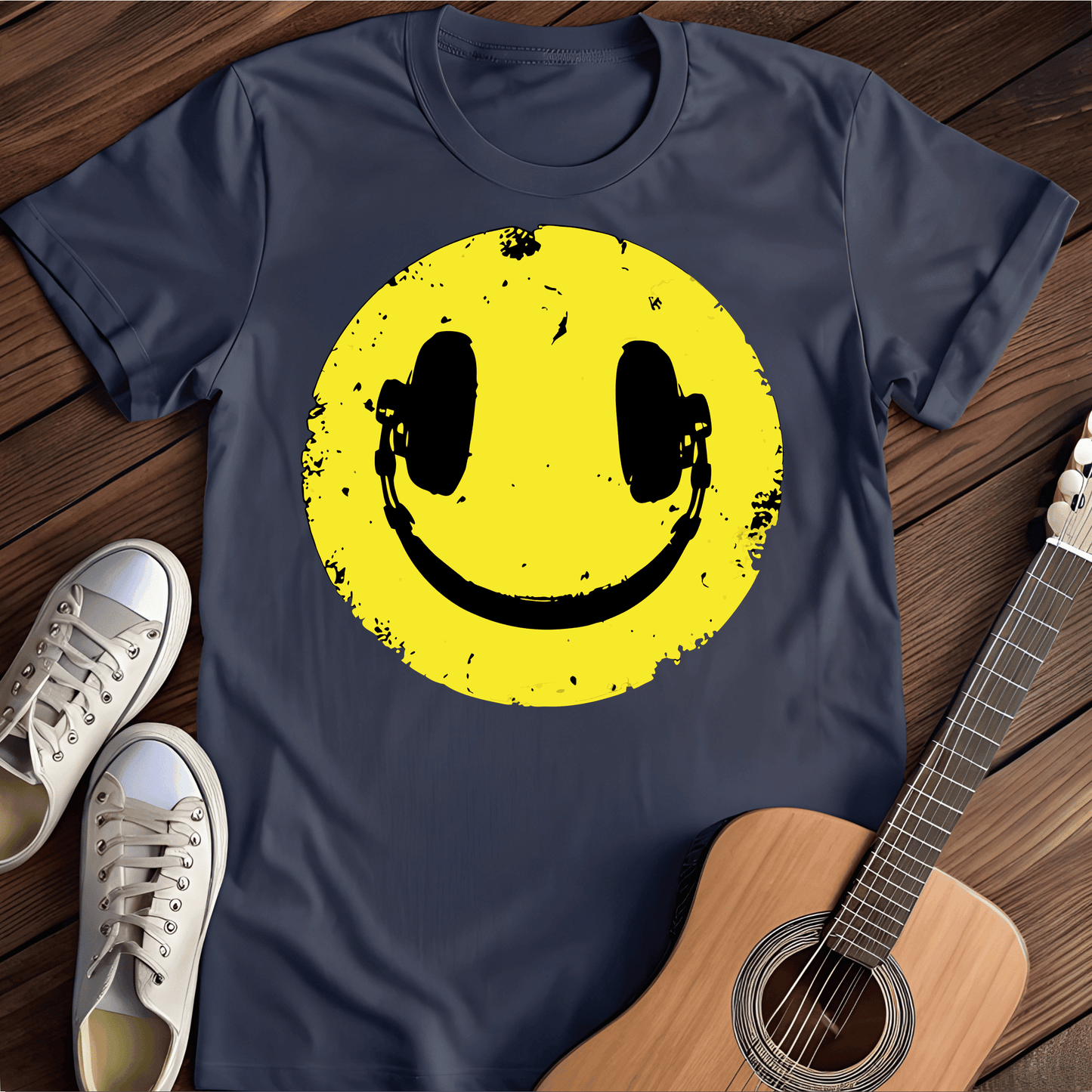 Printify T-Shirt Navy / S Headphone smile Bright Tee