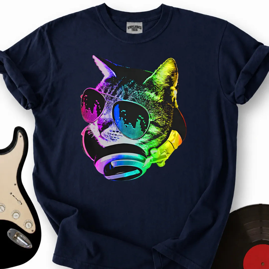 Printify T-Shirt Navy / S Music Cat T-Shirt