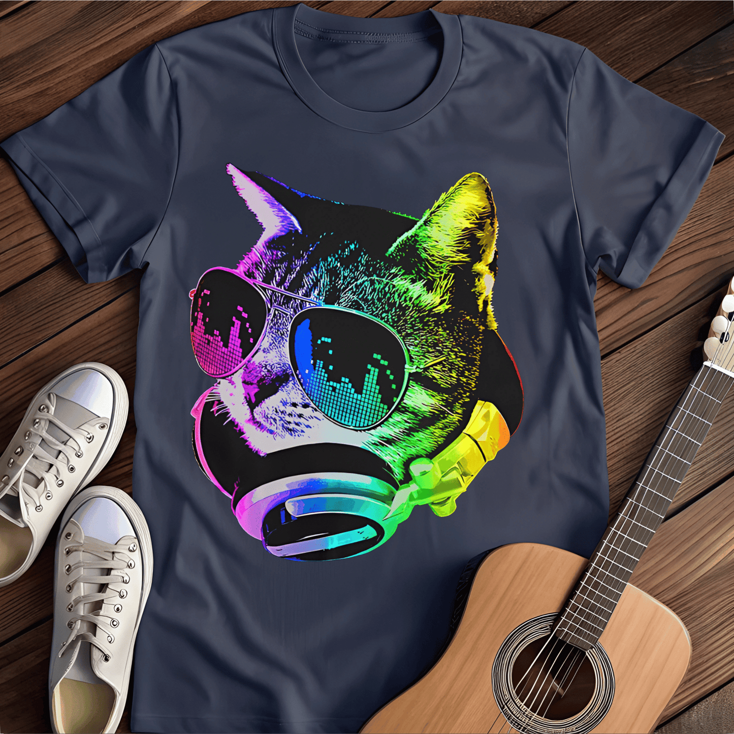 Printify T-Shirt Navy / S Music Cat Tee