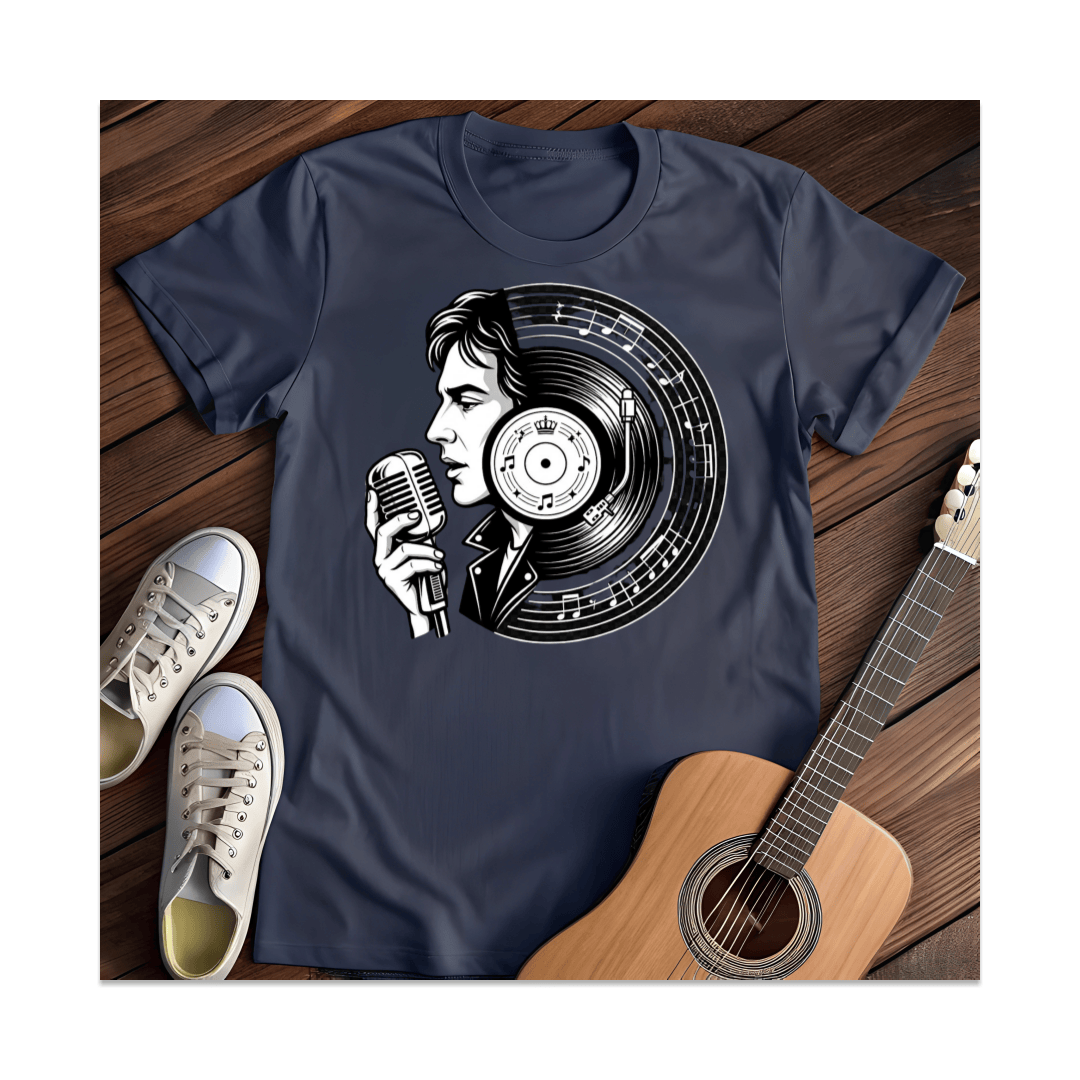 Printify T-Shirt Navy / S Retro Singer Microphone Vinyl T-Shirt