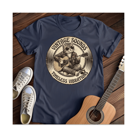 Printify T-Shirt Navy / S Vintage Sounds Cat Guitarist T-Shirt