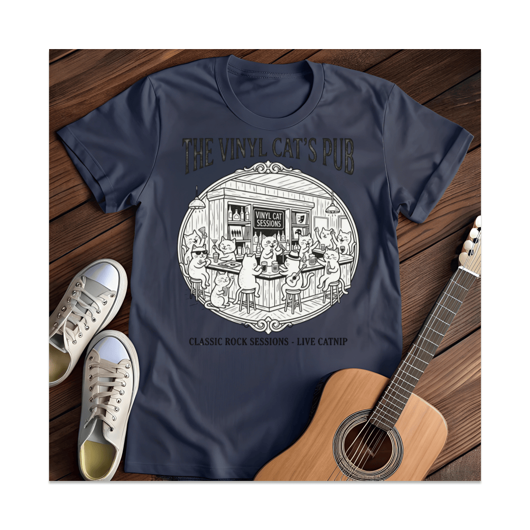 Printify T-Shirt Navy / S Vinyl Cat's Pub T-Shirt