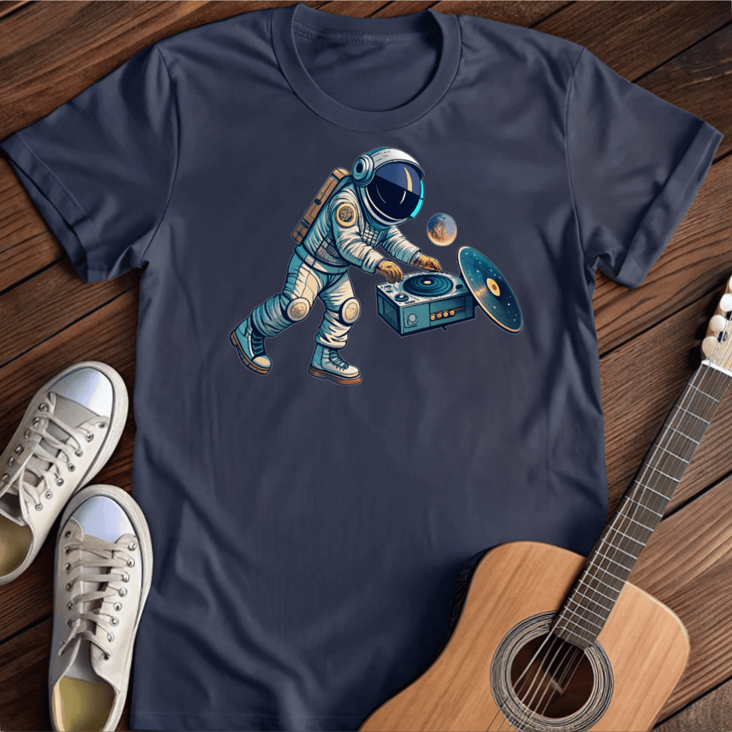 Printify T-Shirt Navy / S Vinyl Playing Astronaut Tee