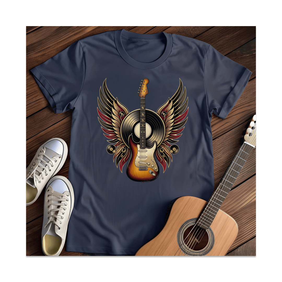 Printify T-Shirt Navy / S Winged Guitar And Vinyl T-Shirt