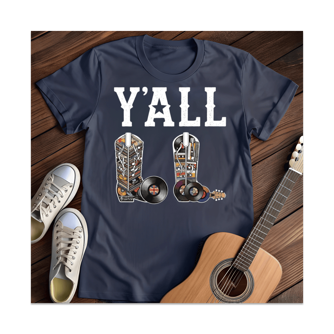 Printify T-Shirt Navy / S Y'all Music Media Cowboy Boots T-Shirt