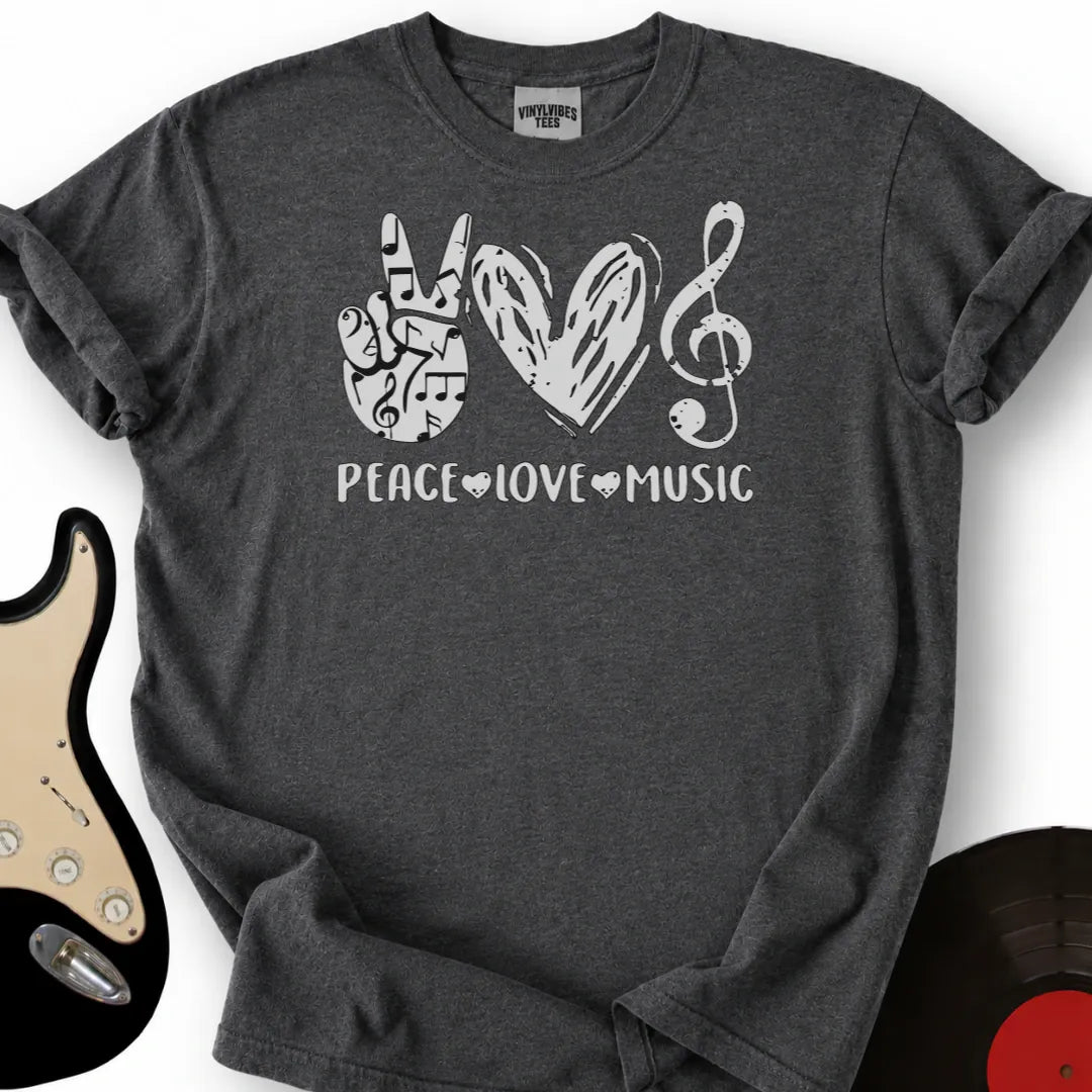Printify T-Shirt Dark Heather / S Peace Love Music T-Shirt