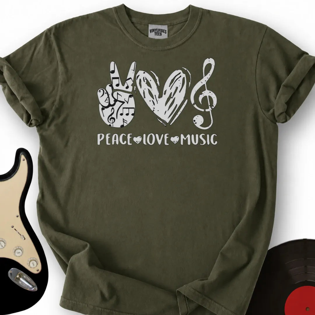 Printify T-Shirt Military Green / S Peace Love Music T-Shirt