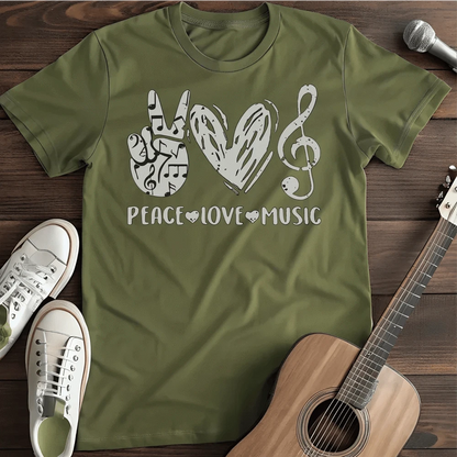 Printify T-Shirt S / Military Green Peace Love Music T-Shirt