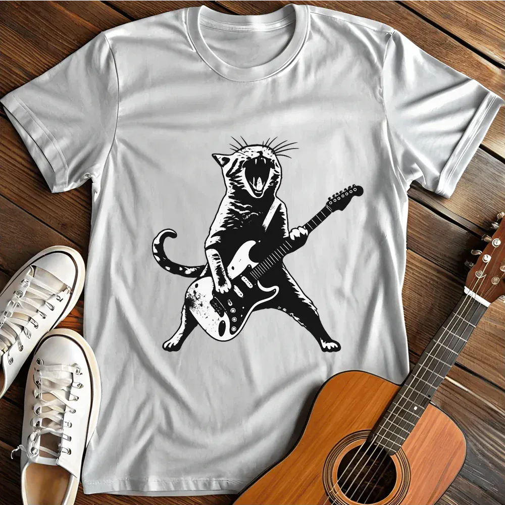 Printify T-Shirt White / S Cat Playing Guitar T Shirt