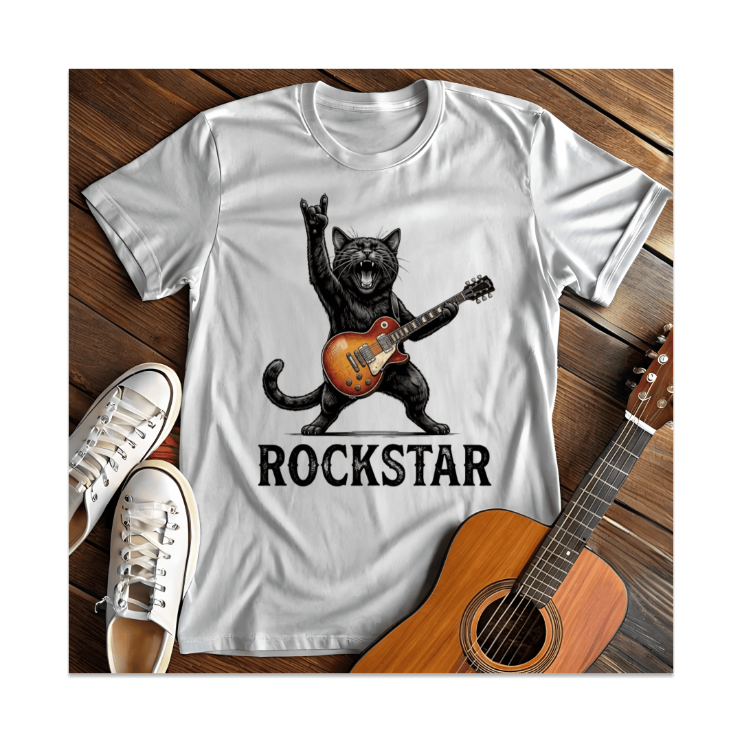 Printify T-Shirt White / S Rockstar Guitar Cat T-Shirt