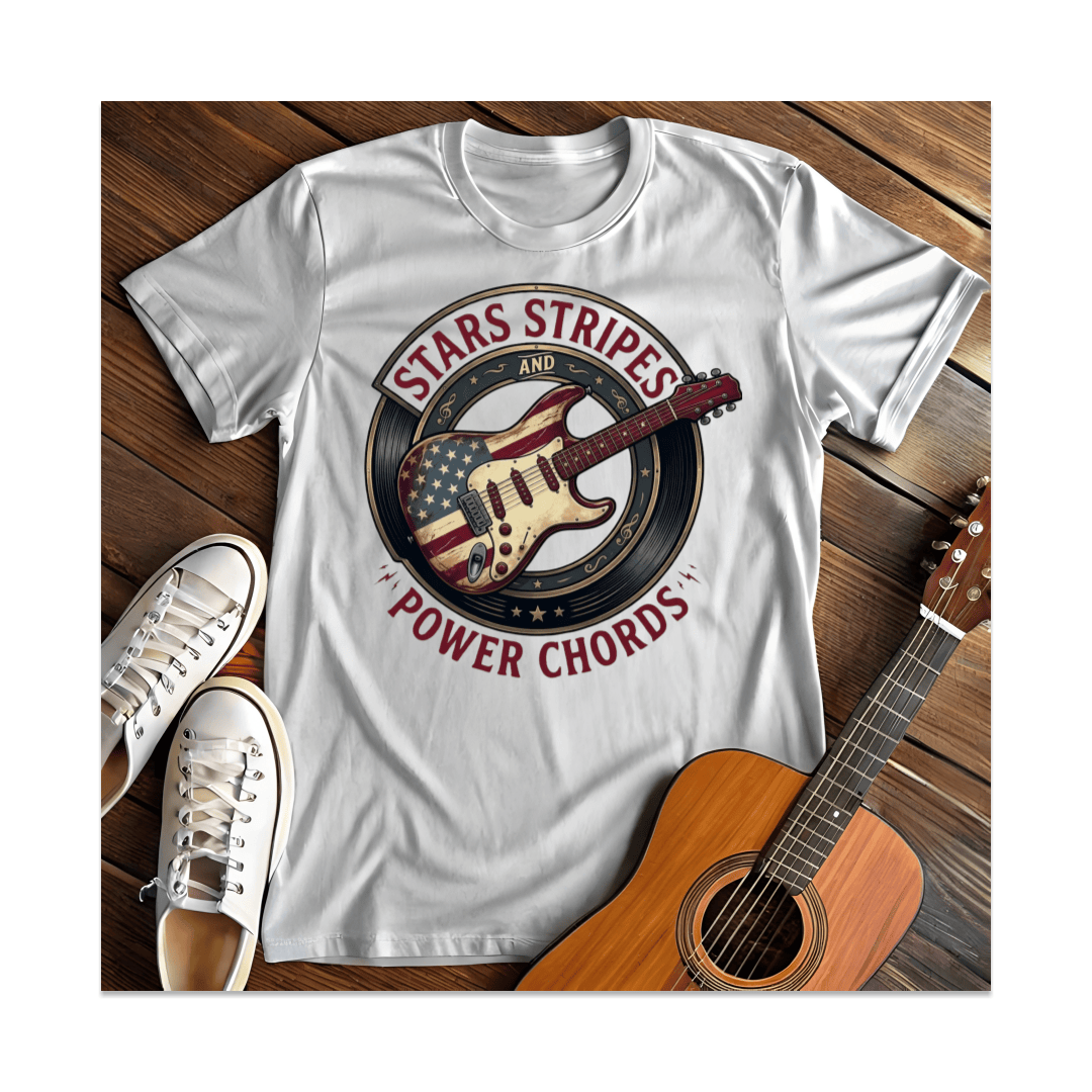 Printify T-Shirt White / S Stars Stripes And Power Chords T-Shirt