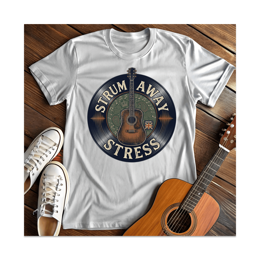Printify T-Shirt White / S Strum Away Stress Acoustic Guitar T-Shirt