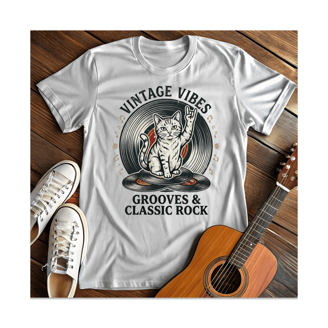 Printify T-Shirt White / S Vintage Vibes Rock Cat T-Shirt