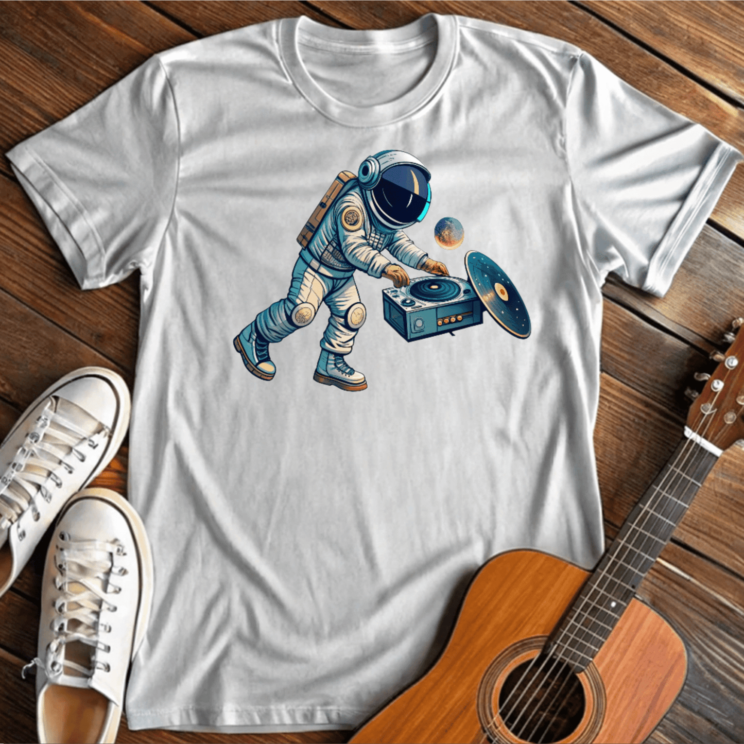 Printify T-Shirt White / S Vinyl Playing Astronaut Tee